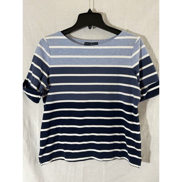 Laura Scott Women’s Petite Large Blue Striped Short Sleeve Blouse - Picture 1 of 7